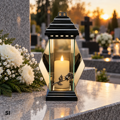 znicz szklany ze złotą różą 38 cm